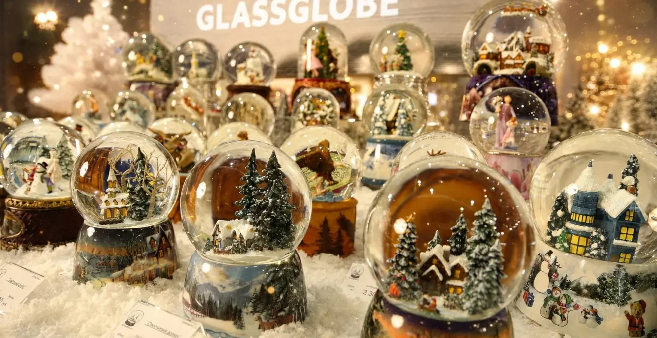 Auswahl an Schneekugeln mit winterlichen Motiven, Schnee und festlicher Beleuchtung vor einem Glassglobe-Schild