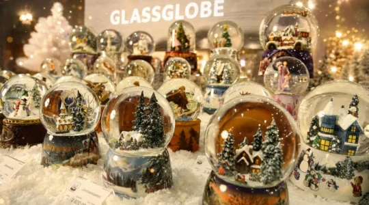 Auswahl an Schneekugeln mit winterlichen Motiven, Schnee und festlicher Beleuchtung vor einem Glassglobe-Schild
